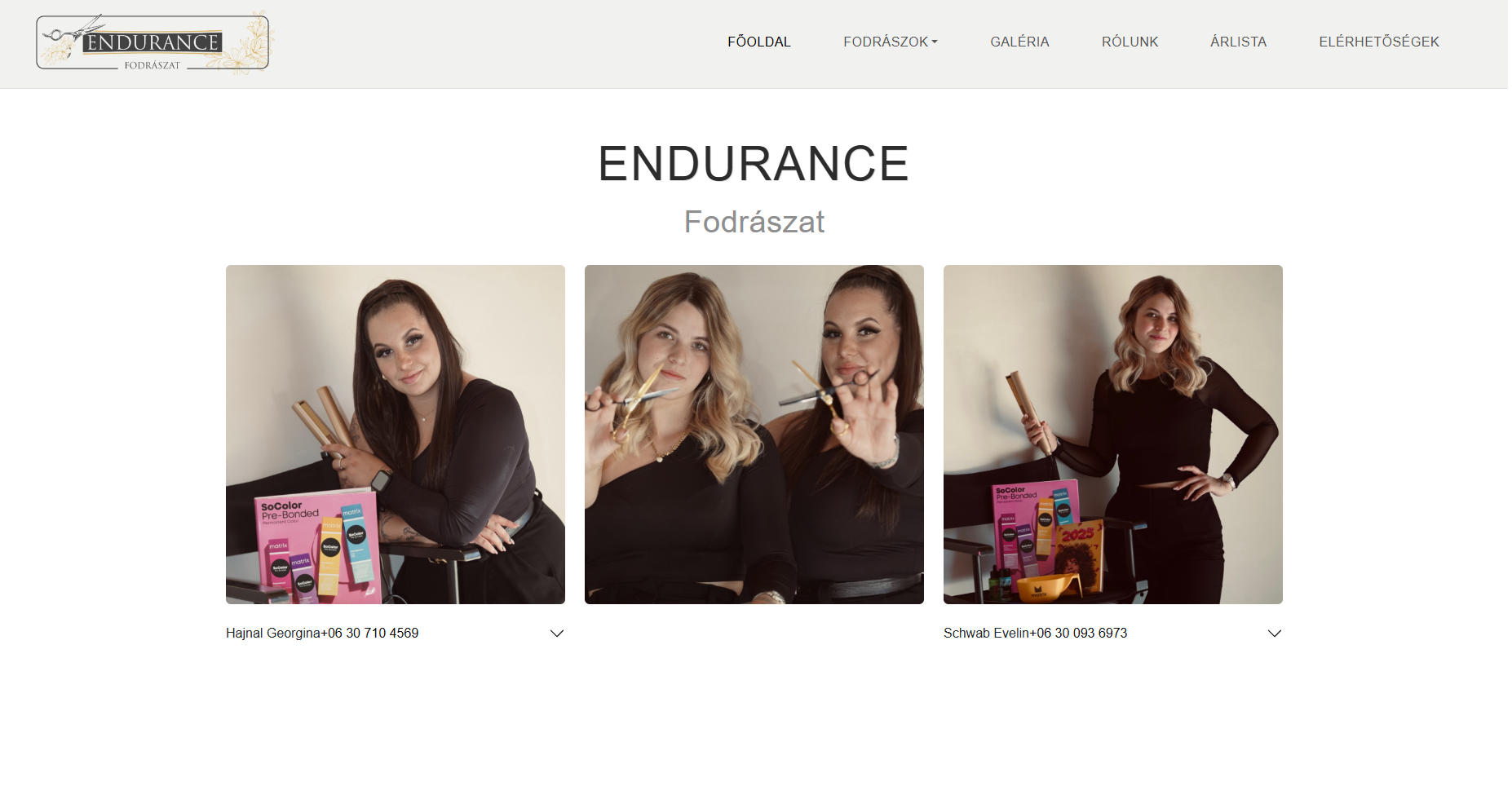 Az Endurance Fodrászat weboldal kezdőlapja